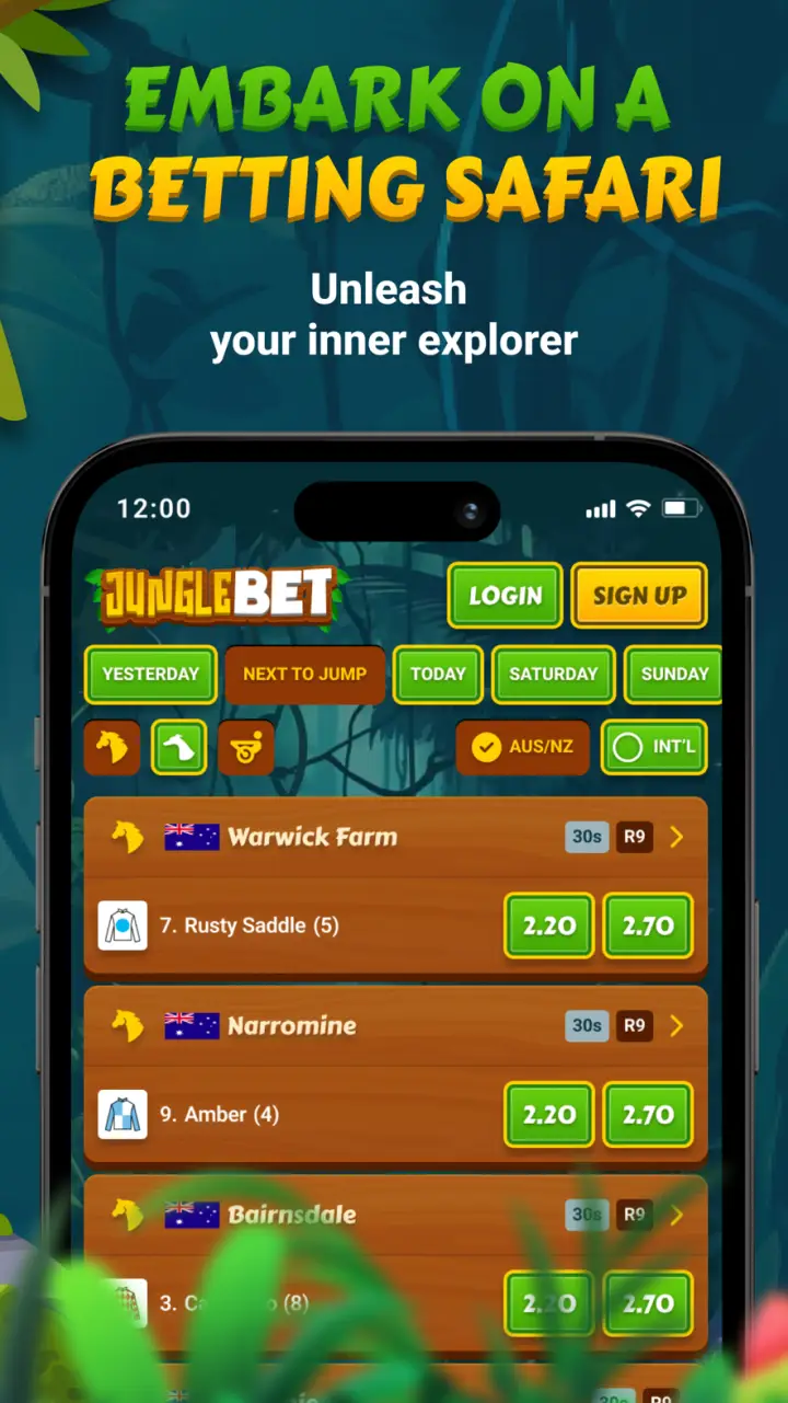 JungleBet app racing next-to-go screen on an iPhone